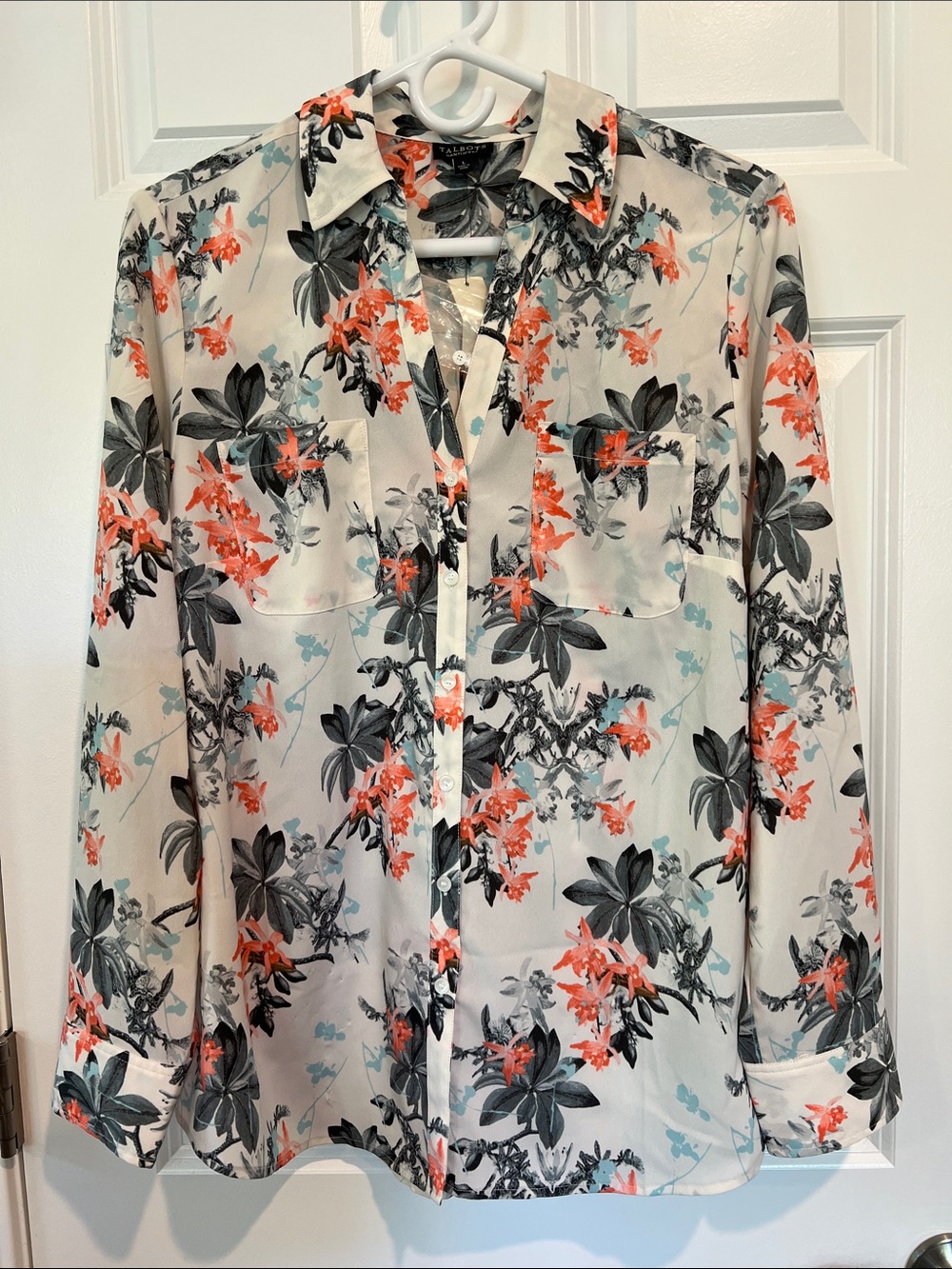 Talbots Cream Blouse with Coral & Slate Floral Print - Size Large